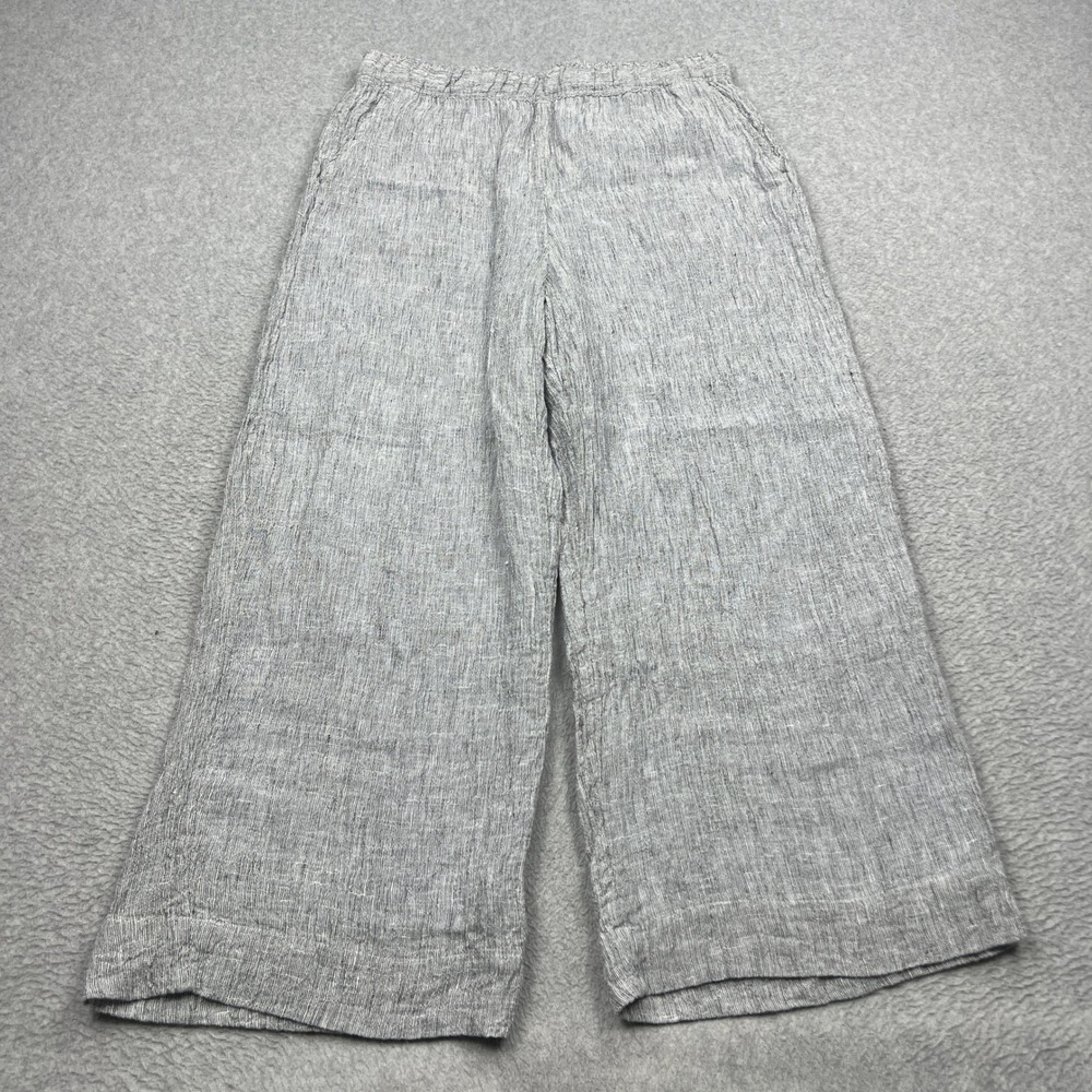 Tahari Pants Womens Large Gray 100% Linen Wide Leg Lined Elastic Waist Pull-on
